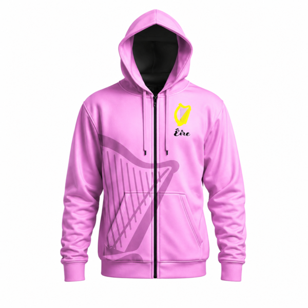 irish proclamation hoodie pink with harp front design and proclamation print back