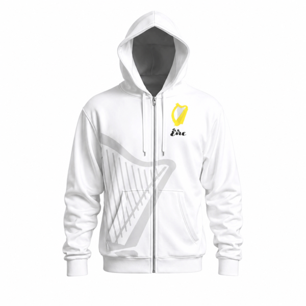 irish proclamation hoodie white 100% polyester with harp front design and proclamation print back