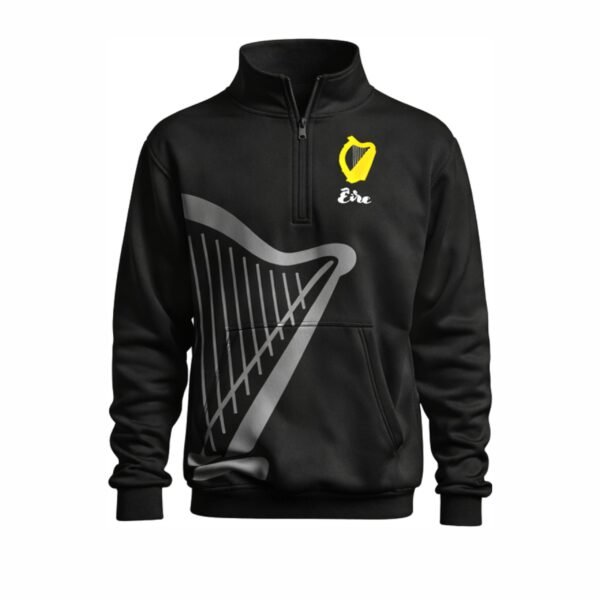 irish proclamation quarter zip black 100% polyester with harp front design and 1916 proclamation print back