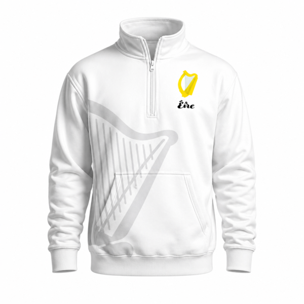 irish proclamation quarter zip white 100% polyester with harp front design and 1916 proclamation print back