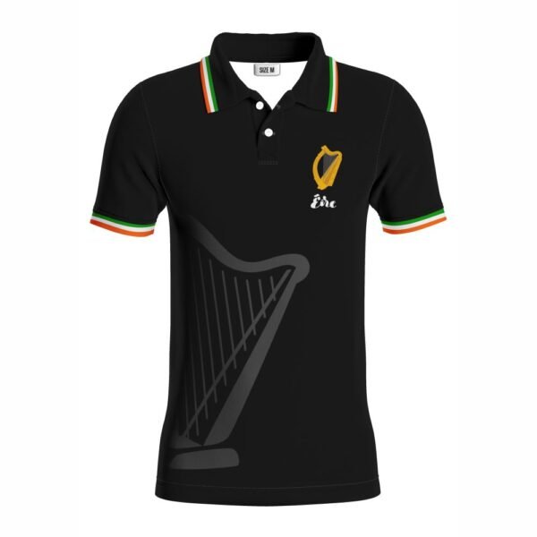 irish proclamation polo shirt black 100% polyester with harp front design and proclamation print back