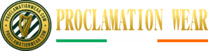 Proclamation Wear logo featuring a harp and Irish flag colors, representing faith and heritage.