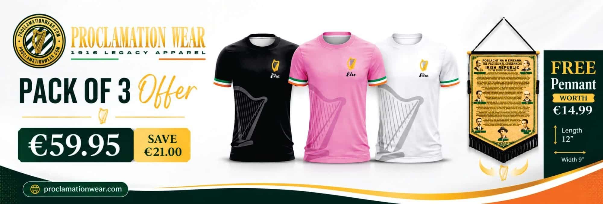 Set of three Proclamation Wear T-shirts in black, pink, and white with logo design.